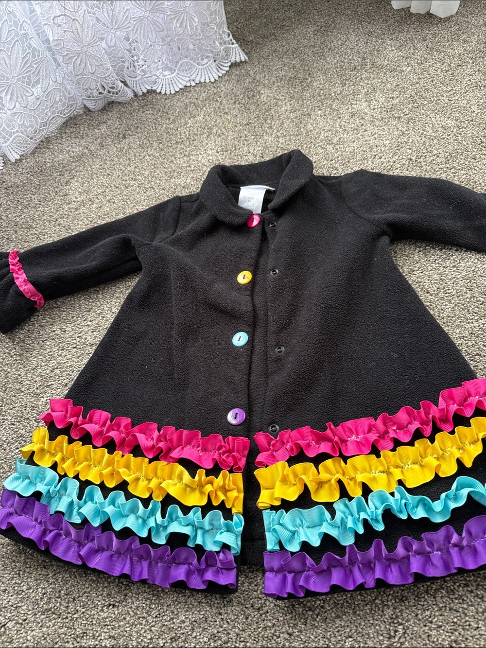 Girls Black Pea Coat with Colorful Ruffle Trim